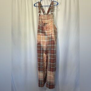 Free People Wayland Plaid Cotton Overalls in Rust and Cream